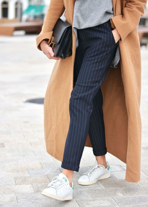 camel coat + striped pants Blue Striped Pants Outfit, Stripped Pants Outfit, Navy Blue Pants Outfit, Pinstripe Pants Outfit, Striped Pants Outfit, Navy Pants Outfit, Blue Pants Outfit, Stripe Pants Outfit, Pinstripe Pants