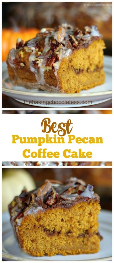 Breakfast Thanksgiving, Pumpkin Pecan Coffee Cake, Pumpkin Coffee Cake Recipes, Pecan Coffee Cake, Pumpkin Coffee Cake, Cake Breakfast, Butter Glaze, Pumpkin Coffee Cakes, Cinnamon Streusel