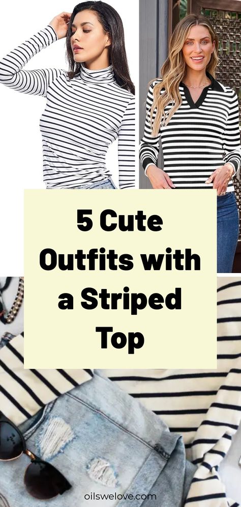 A striped top outfit is a versatile and timeless choice that can be dressed up or down for any occasion. Pair a classic black and white striped top with high-waisted jeans and sneakers for a casual and chic look, or dress it up with a tailored blazer, trousers, and heels for a more polished ensemble. Black And White Striped Shirt With Jeans, Gray And White Striped Shirt Outfit, How To Style Black And White Stripe Top, Black White Striped Shirt Outfit, Navy Stripe Top Outfit, Striped Shirt Outfit Fall, Black And White Striped Shirt Outfit, Black And White Striped Top Outfit, Black Striped Shirt Outfit