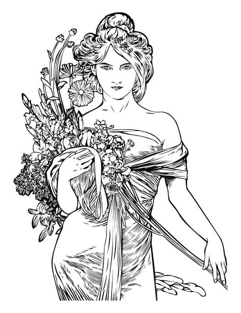 Elegant Vintage Woman Line Art By Heblo Clip Art Image - Free SVG vector public domain Alphonse Mucha Sketch, Mucha Artist, Art Nouveau Mucha, Illustration Art Nouveau, Design Art Nouveau, Alphonse Mucha Art, Vintage Coloring Books, Mucha Art, Alfons Mucha