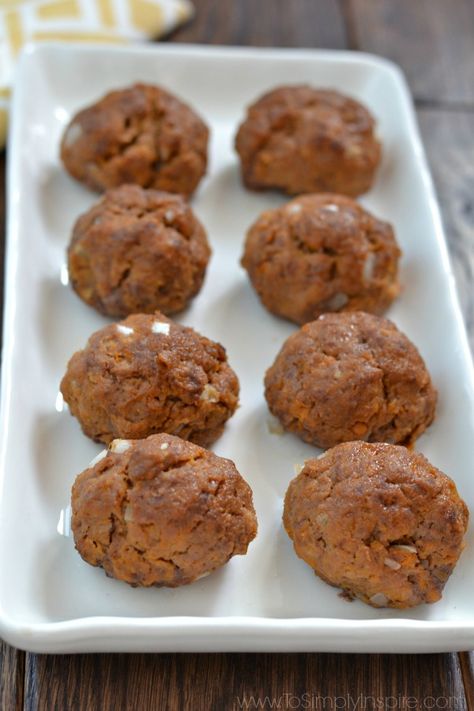 These Sweet Potato Meatballs are a unique blend of ingredients for a new twist on a favorite meal idea.  Hello there Friends! I dreamed up these little sweet potato meatballs while eating one of my go-to meals of ground turkey mixed in sweet potatoes with coconut oil and a little cinnamon sprinkled on top. (no … Sweet Potato Meatballs, Making Hamburger Patties, To Simply Inspire, Quiche Muffins, How To Make Hamburgers, Sweet Potato Spinach, Spinach Quiche, Healthy Food Recipes Clean Eating, Clean Eating Breakfast