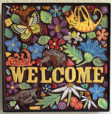 Mosaic : "Welcome" (Original art by Carol Hegedus) Handbuild Ceramics, Mosaic Pottery, Tree Of Life Mosaic, 3d Inspiration, Mosaic Art Projects, Mosaic Madness, Mosaic Ideas, Mosaic Projects, Handmade Tiles