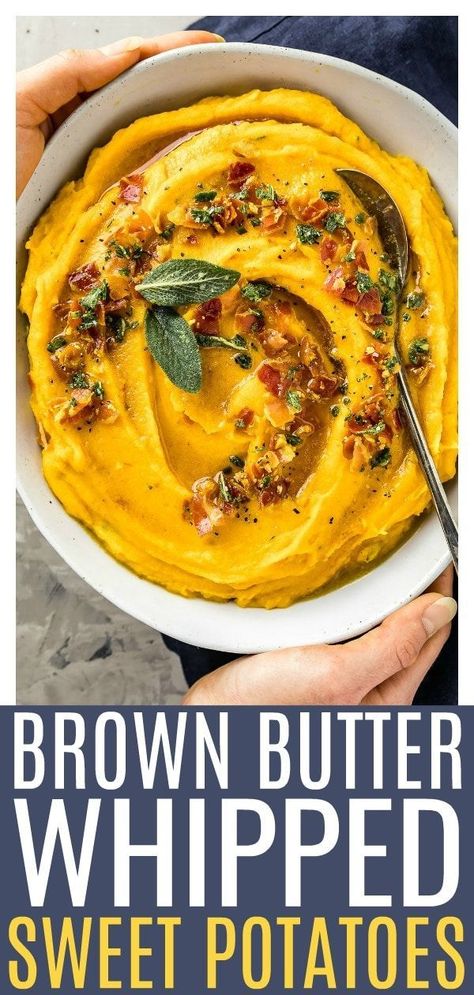 These Pancetta & Sage Brown Butter Whipped Sweet Potatoes are easy and effortless, yet elegant and loaded with flavor!  Roasted sweet potatoes are whipped with crème fraiche and studded with crispy, salty pancetta, earthy sage and drizzled with fragrant brown butter.  #whipped #sweet #potatoes #brown #butter #holiday #side #recipe via @nospoonn Brown Butter Sage Sweet Potatoes, Thanksgiving Sidedish, Potato Ideas, Sage Brown Butter, Whipped Sweet Potatoes, Brown Butter Sage, Sage Recipes, Cooking Vegetables, Large Events