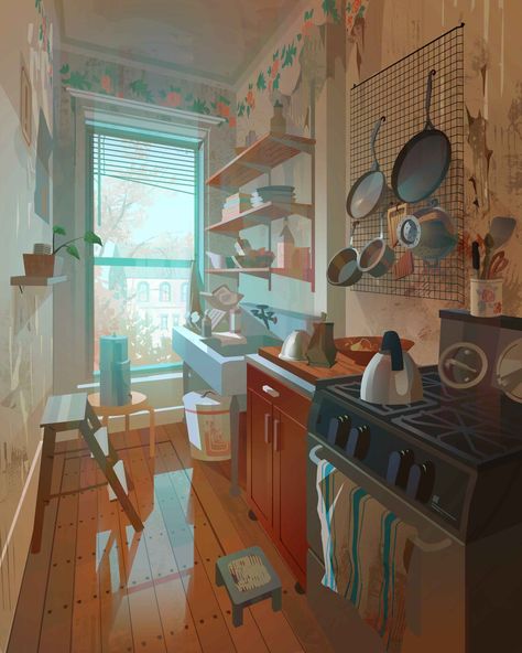 Sketch Vs Final, Interior Concept Art, Mystery Room, Busy Kitchen, Environment Painting, Kitchen Drawing, Perspective Drawing Lessons, Bg Design, European House