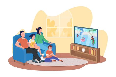 Watching entertainment program 2D vector isolated illustration. Smiling family members sitting on couch flat characters on cartoon background. Spending time together at home colourful scene Horror Movie Night, Halloween Borders, Family Clipart, Muslim Family, Night Background, Halloween Vector, Family Cartoon, Family Video, Family Movie Night