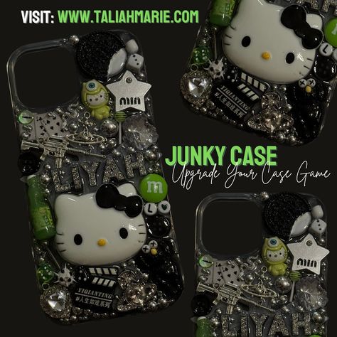 CUSTOMISABLE JUNKY CASE💚 [Size: iPhone 15 / £19.99] Visit my website to purchase (LINK IN BIO...) *UNIQUE 1/1 DESIGNS ONLY⭐️* #explorepage #junkcase #junkycases #Phonecase #Sanrio Green Junk Case, Junky Case, Junky Cases, Bling Ideas, Diy Phone, Diy Phone Case, My Website, Iphone 15, Link In Bio