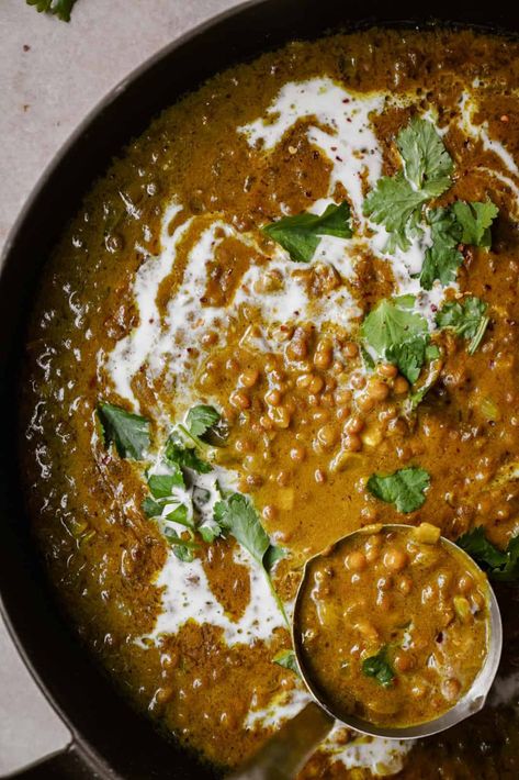 Green Lentil Dahl Recipe, Green Lentil Curry, March Meals, Green Lentil Recipes, Lentil Recipes Indian, Green Lentil Soup, Cozy Soups, Dahl Recipe, Dhal Recipe