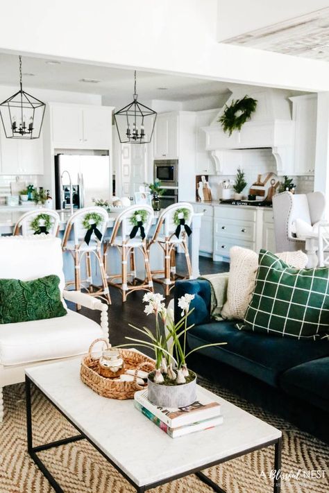 Winter green and white Christmas color scheme. Christmas decorating ideas. #ABlissfulNest #christmasdecor #christmasideas Christmas Green Color, Blue And Green Christmas, Summer Living Room, Living Room Reveal, Kitchen Decorating Ideas, Winter Green, Christmas Blue, Christmas Color, Christmas Inspo