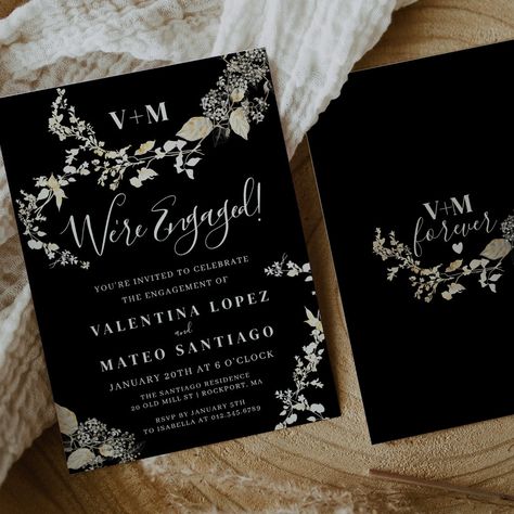 Black Engagement Party, Botanical Monogram, Elegant Engagement Party, Retro Wedding Invitations, Couples Monogram, Calligraphy Typography, Modern Monogram, Wedding Party Invites, Black Invitation