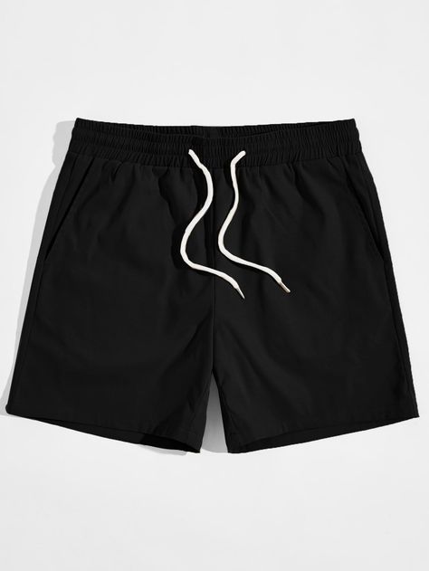 Black Casual Collar  Fabric Plain Straight Leg Embellished Non-Stretch Spring/Summer/Fall Men Bottoms Shorts For Men Aesthetic, Black Shorts For Summer Streetwear, Black Shorts Outfit Summer, Shein Shorts Men, Blue Sweater Outfit, Boys Black Shorts, Plain Clothes, Black Shorts Outfit, Black Moisture-wicking Shorts For Streetwear