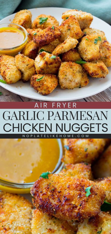 This air fryer recipe lets you enjoy homemade chicken nuggets in just 25 minutes! Crispy and delicious minus all of the fat and calories, these garlic parmesan chicken nuggets are a winner. This easy chicken dinner also doubles as a simple appetizer recipe! Air Fryer Recipes Chicken Meal Prep, Easy Chicken Nuggets Baked, 3 Ingredient Air Fryer Chicken Nuggets, Garlic Chicken Air Fryer Recipes, Garlic Parmesan Chicken Tenders Air Fryer, Chicken Parm Bites Air Fryer, Crispy Garlic Parmesan Chicken Bites, Simple Healthy Lunch Meal Prep, Simple Chicken Recipes Air Fryer