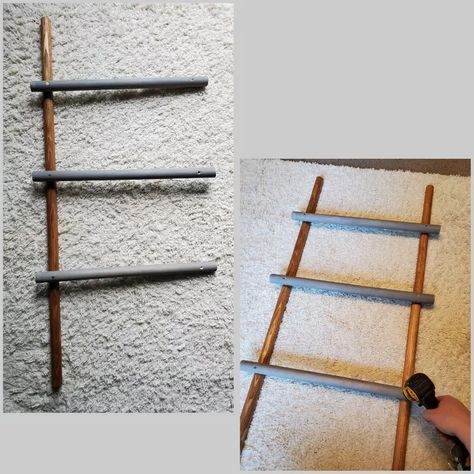 This project is super easy and only takes 30-60 minutes to complete...minus dry time if you paint or stain your ladder.This project was also completely free for me because I had 4 dowel rods from an old project. The large diameter (1 1/4" x 48") dowel rods can be purchased at your local big box home improvement store for $7-$9 a piece. Material List: Dowel rods (I used four 1 1/4" diameter x 45" long--they can be purchase at 48" long...mine were cut for a previous project) Miter sa… Stick Crafts, Blanket Ladder, Miter Saw, Home Improvement Store, 60 Minutes, Craft Stick Crafts, Super Easy, Home Improvement, Woodworking