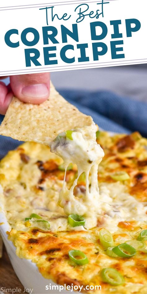 Creamy hot corn dip is spicy, cheesy, and perfect for dipping. Easy to make and so addicting. Pass the chips! Corn And Cream Cheese, Pesto Corn, Bacon Cheese Dip, Cheesy Corn Dip, Hot Corn Dip, Corn Dip Recipes, Cream Cheese Dip, Spicy Dip, Hot Corn