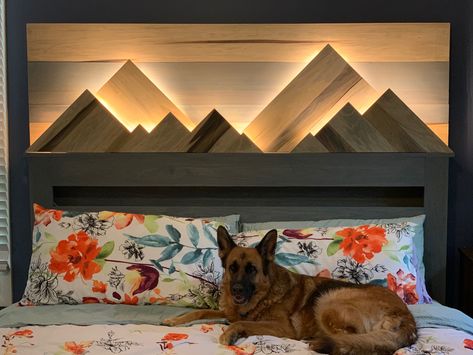 Crafted this beautiful headboard with two hidden compartments for whatever makes you feel safe at night haha Rustic Modern Headboard, Wood Mountain Headboard, Mountain Headboard Diy, Mountain Headboard, Diy Headboard Ideas, Mountain Wood Art, Big Boy Bedrooms, Headboard Ideas, Wood Wall Art Diy