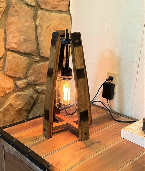 Whiskey barrel stave table lamp ideal for the whiskey lover, rustic elegance of a handcrafted light from authentic a bourbon barrel Bourbon Barrel Decor, Whiskey Barrel Decor, Barrel Projects, Wine Barrel Furniture, Barrel Decor, Barrel Furniture, Barrel Stave, Western Furniture, Bourbon Barrel