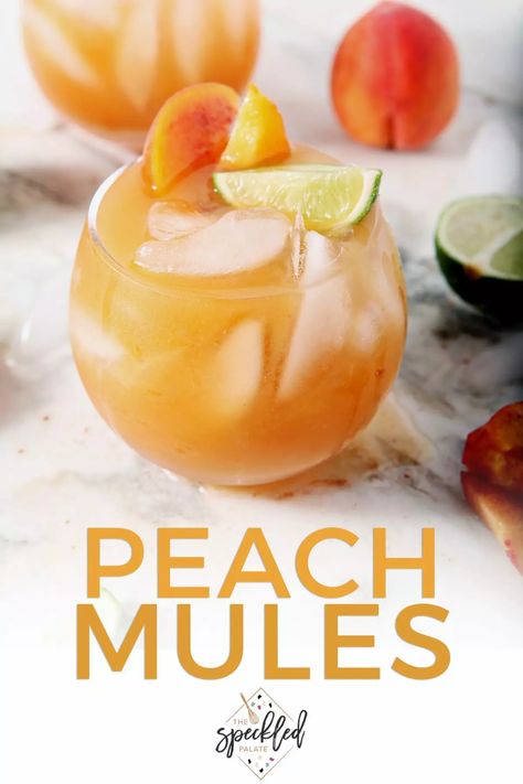 Celebrate summertime by mixing up a Peach Moscow Mule! Whether you're serving yourself or a crowd, these mules are satisfying, well-balanced and unique for any gathering! #easyentertaining #cocktail #speckledpalate Peach Mule, Peach Moscow Mule, Peach Dish, Cinnamon Cocktail, Cocktail Recipes For A Crowd, Peach Cocktail, Moscow Mule Cocktail, Peach Drinks, Moscow Mule Recipe