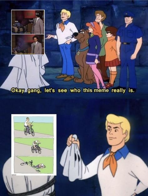 Let's See Who This Really Is | Know Your Meme  Let’s See Who This Really Is, also known as Scooby Doo Reveal, is an exploitable image macro series featuring a scene from the Scooby Doo animated television series in which a man dressed as a ghost is unmasked. Online, photoshopped screenshots of the scene are often used in jokes mocking similarities between various characters and internet memes.  Read more at KnowYourMeme.com. Lol Memes, John Mulaney, Vie Motivation, Street Smart, Memes Br, Fb Memes, What’s Going On, Batgirl, Health Issues