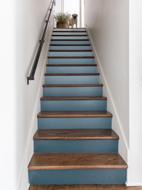 Blue Ombre Painted Staircase Navy Stair Railing, Navy Painted Stairs, Blue Stair Railing, Navy Blue Stairs, Blue Stairs Painted, Blue Paint Shades, Ombre Stair Risers, Blue Painted Stair Treads, Painted Staircase