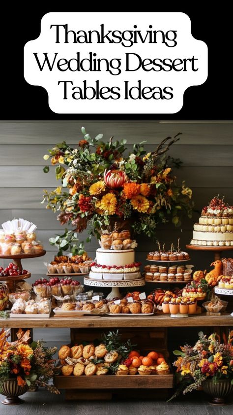 A beautifully arranged Thanksgiving wedding dessert table featuring seasonal treats that evoke warmth and nostalgia, perfect for creating lasting memories. Pie Display Ideas, Fall Themed Dessert Table, Easy Wedding Reception Food Ideas, Dessert Table Wedding Ideas, Friendsgiving Crafts, Thanksgiving Dessert Bar, Fall Dessert Table Ideas, Cookie Table Wedding Display, Mini Fall Desserts