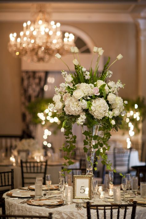 Tall White Wedding Centerpiece - Elizabeth Anne Designs: The Wedding Blog White Wedding Centerpieces, Greenery Wedding Centerpieces, Flowers And Candles, Flowers And Greenery, Wedding Floral Centerpieces, Reception Centerpieces, Tall Centerpieces, Flower Centerpieces Wedding, Deco Floral