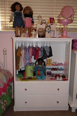 Old dresser turned into American Girl Doll storage/display!  Awesome!. American Girl Storage, Kids Clothes Storage, Girls Furniture, Closet Clothes Storage, Baby Clothes Storage, Doll Storage, American Girl Diy, American Girl Doll Furniture, Baby Storage