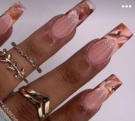 Red Marble Nails Acrylic, Cream And Brown Nails, Medium Nails Acrylic Designs, Brown Nails Art, Fall Marble Nails, Brown Marble Nails, Wigs Ideas, Mom Nails, Orange Ombre Nails