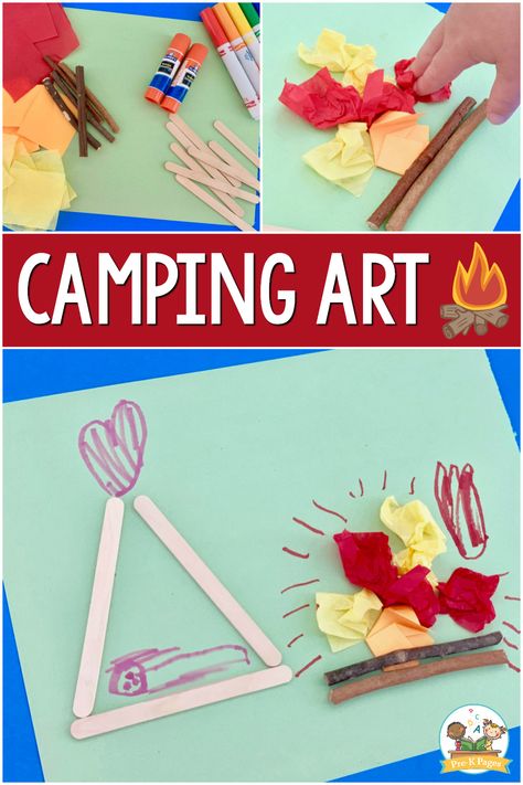 Camping Scene Process Art Activity for Preschoolers - Pre-K Pages Camping Crafts For Pre K, Camping Process Art Preschool, Camping Theme Math Activities Preschool, Prek Camping Theme, Camping Preschool Theme Activities, Pre K Camping Theme Activities, Camping Sensory Bin Preschool, Camping Lesson Plans Preschool, Camping Art Preschool