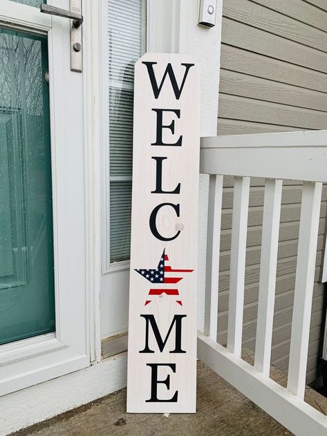 Patriotic Welcome Sign 4th of July Sign Red White and Blue | Etsy | Patriotic welcome sign, Patriotic sign, Welcome sign Patriotic Welcome Signs Front Porches, American Flag Welcome Sign, Patriotic Porch Signs, Antique White Stain, Patriotic Welcome Sign, Patriotic Porch Decor, Patriotic Crafts Diy, Firework Stands, Porch Leaners