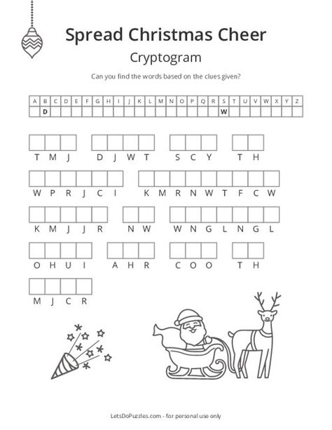 Free Printable Spread Christmas Cheer Cryptogram Puzzle Christmas Crosswords Free Printable, Christmas Brain Teasers For Kids, Christmas Cross Word Puzzle, Christmas Crossword Free Printable, Cryptograms Free Printable, Christmas Cryptogram, Christmas Brain Teasers, Christmas Word Puzzles, Christmas Puzzles Printables