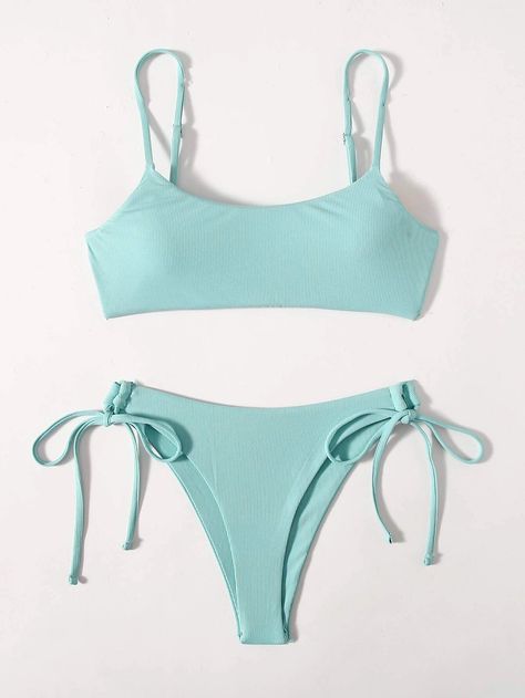 Rib Tie Side Bikini Set For Summer Beach VocationI discovered amazing products on SHEIN.com, come check them out! Bra Types, Wireless Bra, Bra Straps, Green Pattern, Amazing Products, Summer Beach, Bra