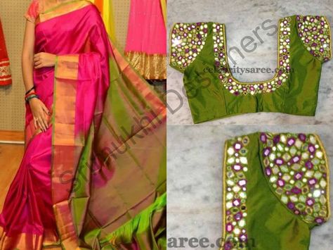 Saree and mirror work blouses Mirror Work Blouse Design For Pattu Sarees, Mirror Work Blouses, Mirror Work Saree Blouse, Mirror Blouse Design, Mirror Blouse, Blouse Designs Aari Work, Blouse Maggam Work, Work Blouse Designs, Blue Blouse Designs