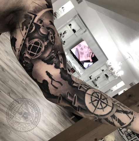 Couples Underwater Themed Sleeves https://tattoo-ideas.com/couples-underwater/ Couples Underwater, Sea Tattoo Sleeve, Scuba Tattoo, Scuba Diving Tattoo, Underwater Tattoo, Ocean Sleeve Tattoos, Diver Tattoo, 12 Tattoos, See Tattoo