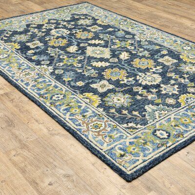 This area rug features warm, sun-washed shades of gold as well as soft, muted shades of gray, blue, and green. Hand-crafted of space-dyed wool in India, it offers traditional Bohemian designs with a luxuriously looped pile for added texture to enhance any room setting. Rug Size: Rectangle 10' x 13' | Blue / Yellow 120 x 0.39 in Area Rug - Bungalow Rose Schuck Handmade Hand Tufted Area Rug Wool | 120 W x 0.39 D in | Wayfair Green Blue Rug Living Rooms, Navy And Green Rug, Blue And Green Area Rug, Green Area Rugs In Living Room, Teal Rugs, Blue Wool Rugs, Yellow Area Rug, Cabinet Color, Navy Blue Rug