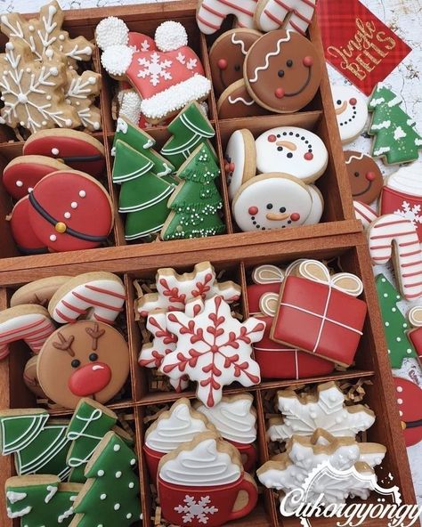 Cute Xmas Cookies, Iced Biscuits Christmas, Mini Cookies Christmas, Cute Cookies Christmas, Christmas Iced Biscuits, Gingerbread Cookies Decoration, Christmas Cookies Decorations, Christmas Box Cookies, Christmas Cookie Design Ideas