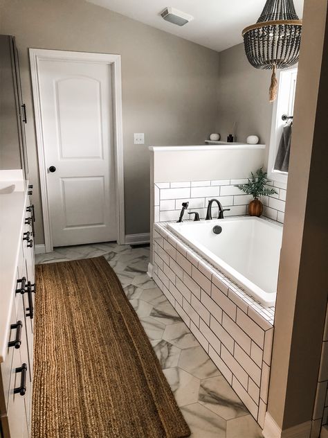 Master Bathrooms With Jacuzzi Tubs, Two Wall Bathtub, Farmhouse Jacuzzi Tub, Dream Bathroom Master Baths Bathtubs Soaker Tub, Soaker Tub With Tile Surround, L Shaped Tub Shower Combo, Build In Tub Bathroom, Toilet Beside Tub, Farmhouse Drop In Tub