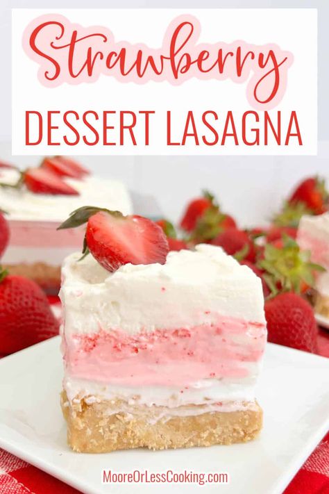 Layers of sweet, creamy and fruity ingredients are what make this Strawberry Dessert Lasagna a delightful crowd pleaser. The buttery Oreo crust is slathered with dreamy and sweet cream cheese that's followed by a fruity strawberry layer before being crowned with a fluffy layer of whipped topping and garnished with ruby red strawberries for a lush finish. via @Mooreorlesscook Strawberry Lasagna Desserts, Strawberry Lasagna, Dessert Lasagna, Chocolate Cookie Bars, Desert Bar, Strawberry Things, French Toast Waffles, Eggnog French Toast, Strawberry Whipped Cream