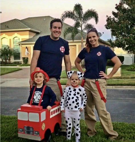 Firetruck Family Costume, Fire Department Crafts For Preschool, Fire Truck Family Costume, Firefighter Family Costume Ideas, Group Firefighter Costume, Firetruck Halloween Costume, Fire Family Costume, Fireman Family Halloween Costumes, Fire Truck Halloween Costume