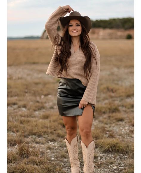 Cowboy Boots Leather Skirt, Corset Date Night Outfit, Long Sleeve Dress With Cowgirl Boots, Sweater And Cowboy Boots Outfit, Leather Skirt With Cowgirl Boots, Leather Skirt With Cowboy Boots, Country Concert Outfit Ideas With Brown Boots, Knee High Cowboy Boots Outfit Fall, Tan Western Boots Outfit