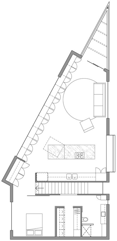 Triangle-House-Robeson-Architects-23 - Design Milk Triangle House Plan Layout, Triangular House, Triangular Architecture, Triangle Building, Poster Layouts, Shaped House, Triangle House, Villa House, Arch Design