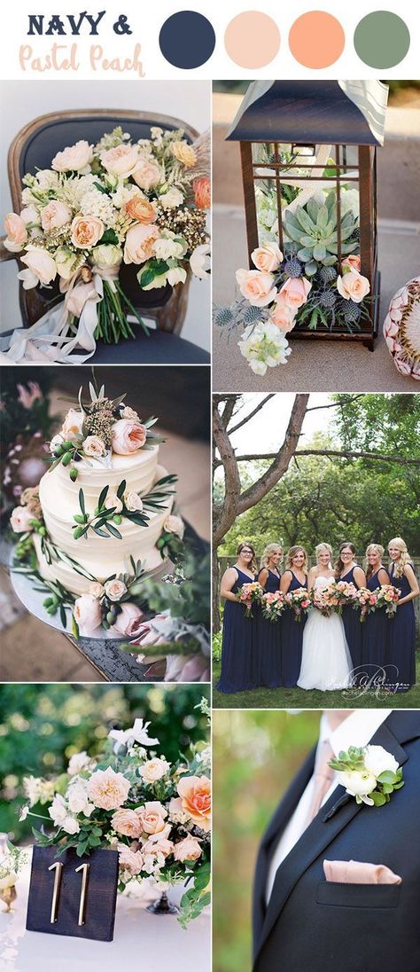 dark blue,peach and soft green garden wedding colors Wedding Themes Spring, Best Wedding Colors, Wedding Themes Summer, Wedding Color Combos, Gubahan Bunga, Wedding Colours, Wedding Themes Fall, Spring Wedding Colors, Summer Wedding Colors