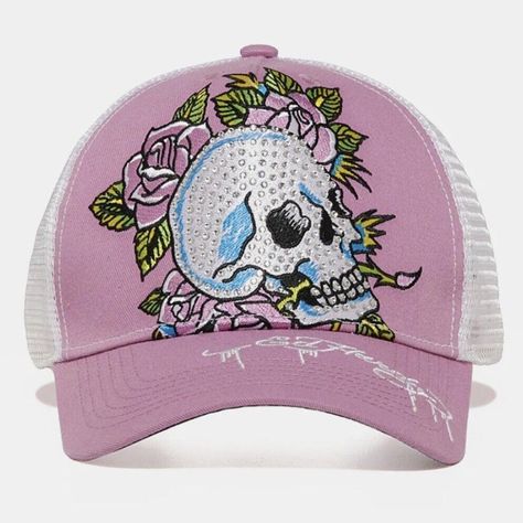 Ed Hardy Hat Skull Snapback Vintage Rare Cotton Trucker Cap One Size Fits All Ed Hardy Hat, Heart Skull, Dragon Hats, Camo Trucker Hat, Army Hat, Skull Hat, Embroidery Hand, Vintage Tattoo, Rhinestone Heart