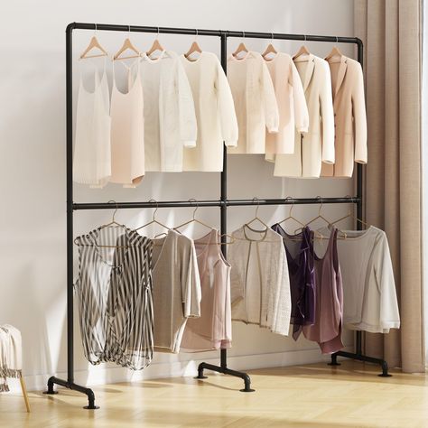 PRICES MAY VARY. Durable and Sturdy: This heavy duty clothes rack is made of strong metal pipes, extremely durable and long-lasting,easy to match with a variety of looks from modern to rustic. It looks unique and will let you show your clothes off with style. Space-Saving: This industrial clothing rack can help you maximize space in your small bedroom, bedroom closet or closet, which can hold clothes,bags, plant. This 2-tier clothes rack keeps everything neat and organized. Widely Used: This bla Rolling Clothes Rack, Garment Rack, Clothes Rail, Wardrobe Armoire, Hanging Clothes, Store Fixtures, Garment Racks, Hanging Rail, Cabinet Styles