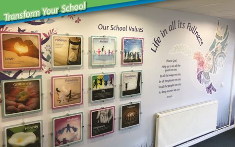 The main wall display was created from custom vinyl wallpaper with acrylic plaques installed on top. School Entrance Display, School Foyer, Values Display, Entrance Display, School Branding, School Reception, Foyer Entrance, School Entrance, Entrance Foyer