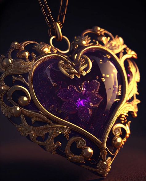 Magical Amulet, Heart Amulet, Fantasy Jewelry Magic, Beautiful Heart Images, Magic Amulet, Purple Vibe, Perfume Bottle Art, Gold Dragon, Gold Aesthetic