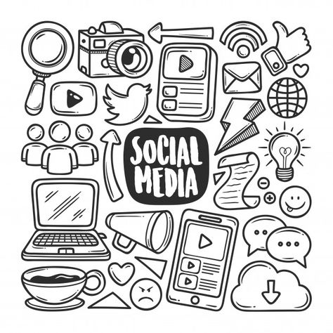 Social media icons hand drawn doodle col... | Premium Vector #Freepik #vector #computer Social Media Doodle Art, Computer Doodle Art, Doodle Illustration Art, Camera Doodle Art, Doodles Photography, Animal Doodle Art, Laptop Doodle, Computer Doodle, Basic Doodles