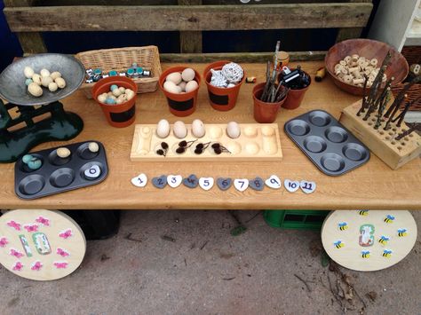 Our outdoor math station - counting stick or sticks of different lengths in scissors block Outdoor Maths, Eyfs Outdoor Area, Maths Eyfs, Reception Classroom, Early Years Maths, Outdoor Learning Spaces, Eyfs Classroom, Maths Area, Outdoor Education