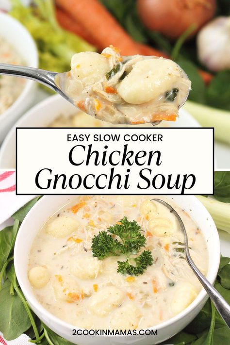 Meet your new fave comfort food: Slow Cooker Chicken Gnocchi Soup! It's a cozy bowl for cold days with tender chicken, fluffy gnocchi, and veggies bathed in a creamy sauce. It's a delicious Olive Garden copycat perfect for lunch or dinner. #creamychickengnocchisoup Creamy Crockpot Chicken Gnocchi Soup, Slow Cooker Chicken Gnocchi Soup, Slow Cooker Chicken Gnocchi, Food Slow Cooker, Chicken And Gnocchi, Creamy Crockpot Chicken, Olive Garden Copycat, Soups Recipes, Chicken Gnocchi