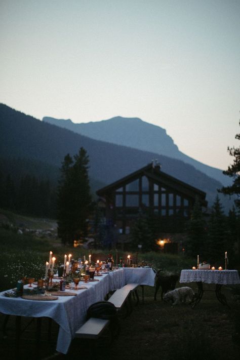 Dark Mountain Wedding, Sunset Mountain Wedding, Mountain Chic Wedding, Mountain Wedding Reception, Wedding Tiktok, Candle Lit Reception, Candle Light Wedding, Alberta Wedding, Dark Mountains