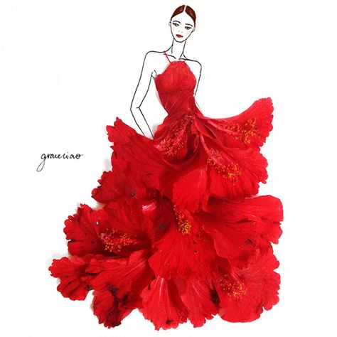 Inspired By Nature: Floral Fashion Illustrations by Grace Ciao | http://www.designrulz.com/design/2015/01/inspired-nature-floral-fashion-illustrations-grace-ciao/ Grace Ciao, Flower Dress Art, Petal Art, Fashion Drawing Sketches, Red Hibiscus, Dress Art, Fashion Sketches Dresses, Sketches Dresses, Fashion Illustration Dresses