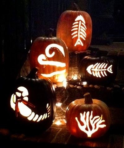 Carving It Coastal -Jack O Lanterns with a Sea Theme. Beach Pumpkins, Florida Halloween, Coastal Pumpkins, Coastal Halloween, Coastal Autumn, Beach Magic, Fall Rocks, Pirate Pumpkin, Nautical Decor Diy